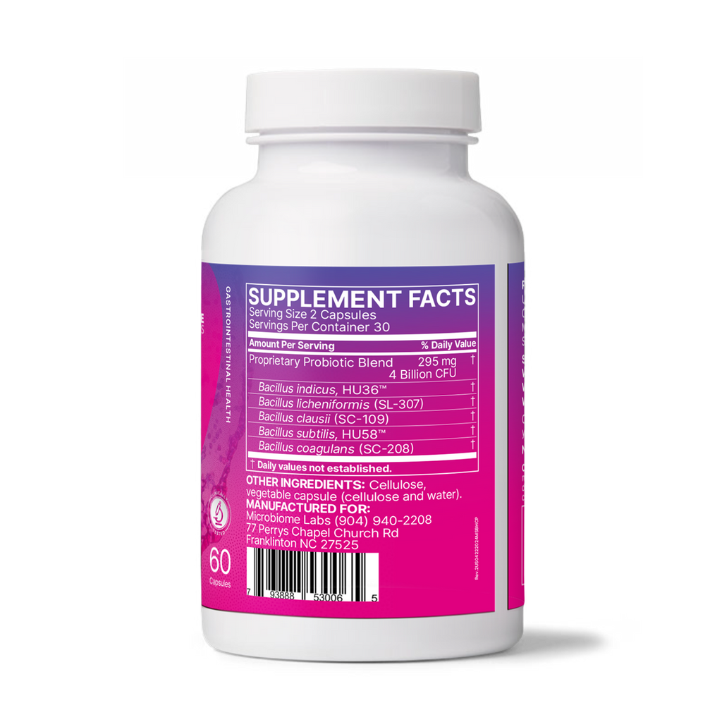 A white plastic bottle of dietary supplement capsules shown from the back, featuring a bright purple and pink label with Supplement Facts text and a barcode.
