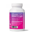 A white plastic bottle of dietary supplement capsules shown from the back, featuring a bright purple and pink label with Supplement Facts text and a barcode.