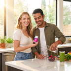 A smiling woman and man in a bright kitchen. The woman holds a white bottle with a pink label, while the man pours water from a glass into a glass on the counter.