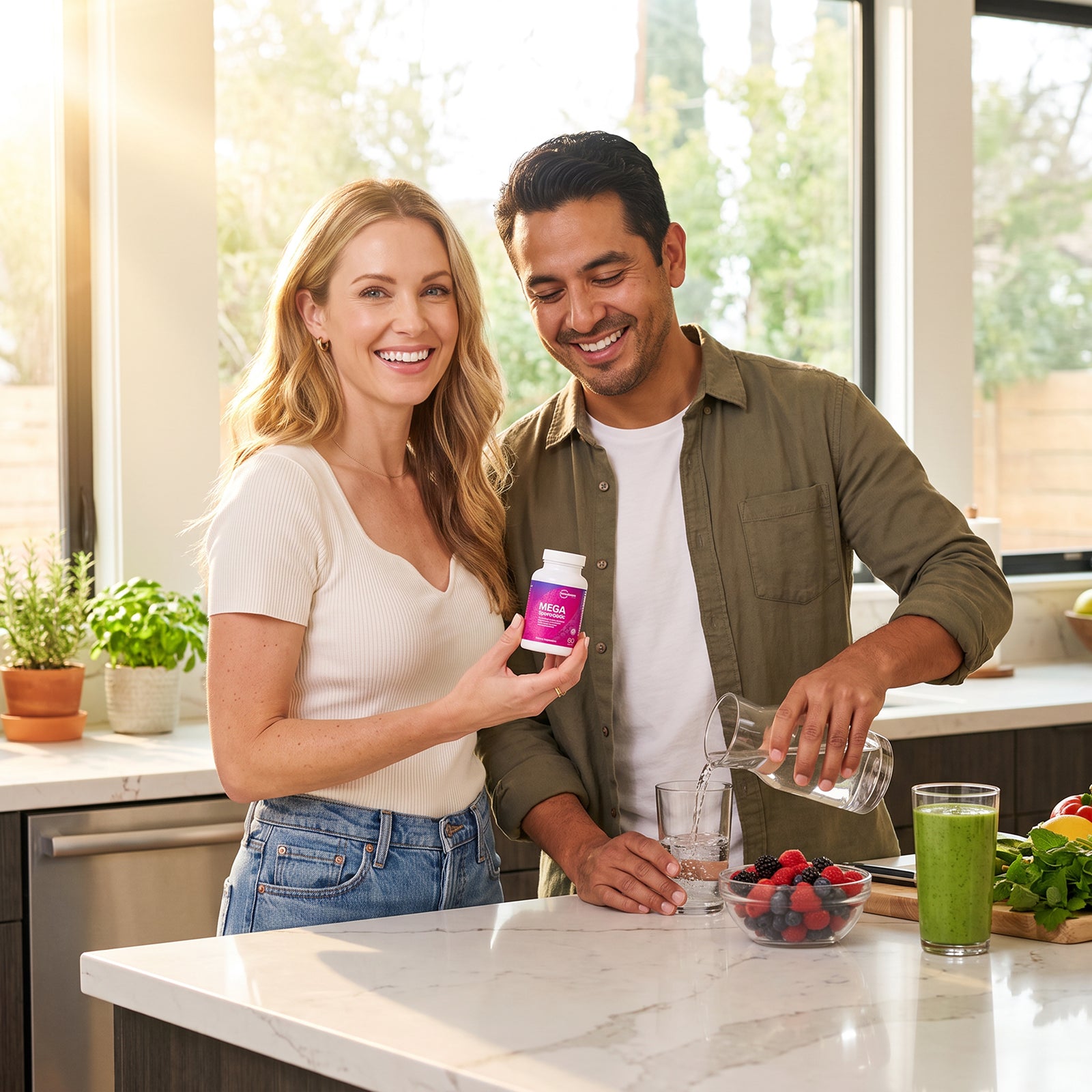 A smiling woman and man in a bright kitchen. The woman holds a white bottle with a pink label, while the man pours water from a glass into a glass on the counter.