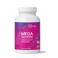 A white plastic bottle of Microbiome Labs Mega SporeBiotic dietary supplement with a vibrant purple and pink label, set against a plain white background.
