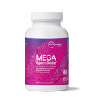 A white plastic bottle of Microbiome Labs Mega SporeBiotic dietary supplement with a vibrant purple and pink label, set against a plain white background.