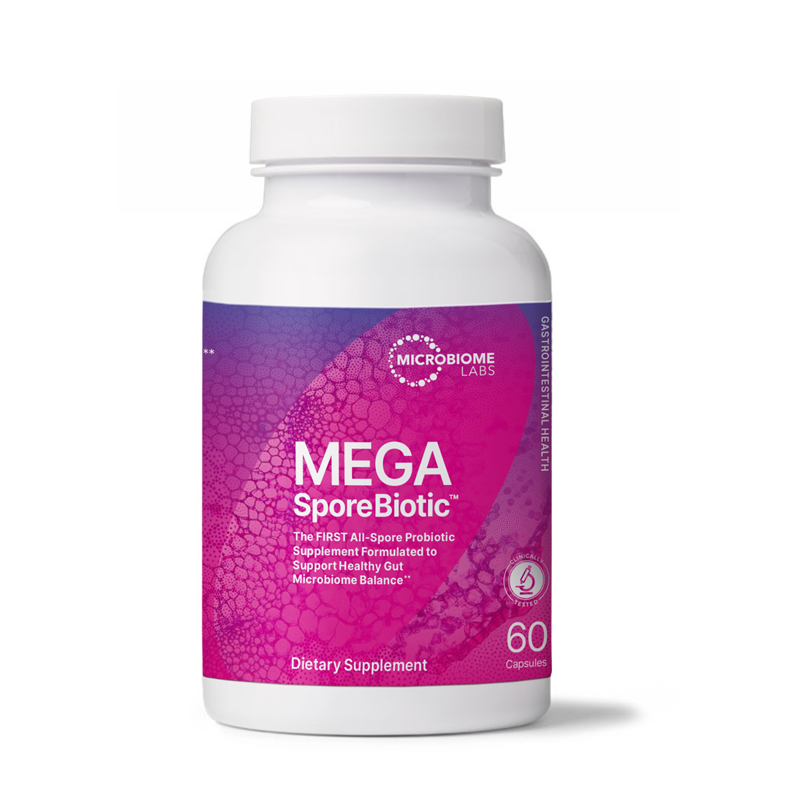 A white plastic bottle of Microbiome Labs Mega SporeBiotic dietary supplement with a vibrant purple and pink label, set against a plain white background.