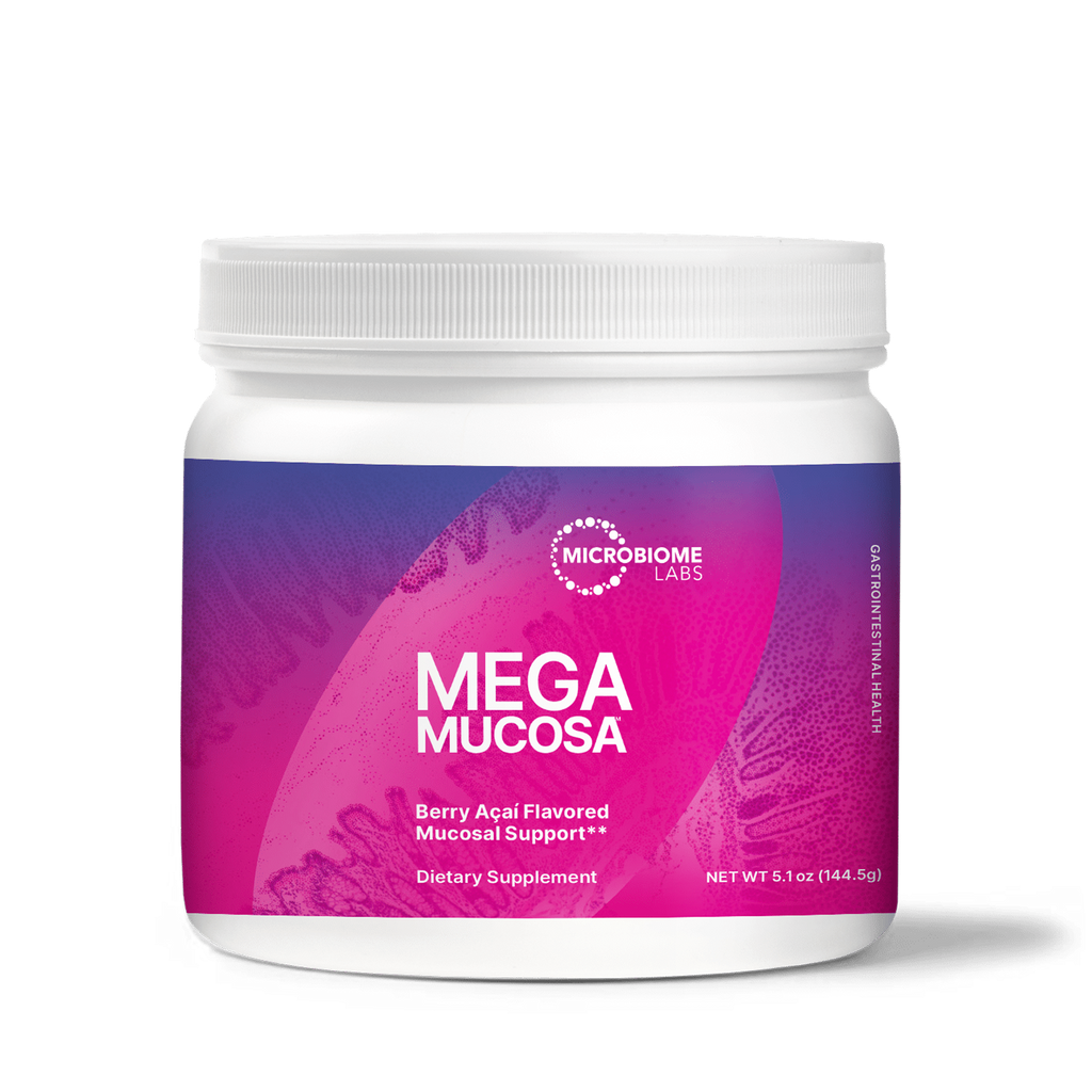 A white plastic jar of Microbiome Labs Mega Mucosa dietary supplement, featuring a vibrant magenta and purple label with white text, set against a clean white background.