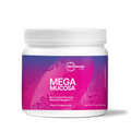 A white plastic jar of Microbiome Labs Mega Mucosa dietary supplement, featuring a vibrant magenta and purple label with white text, set against a clean white background.