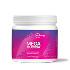A white plastic jar of Microbiome Labs Mega Mucosa dietary supplement, featuring a vibrant magenta and purple label with white text, set against a clean white background.