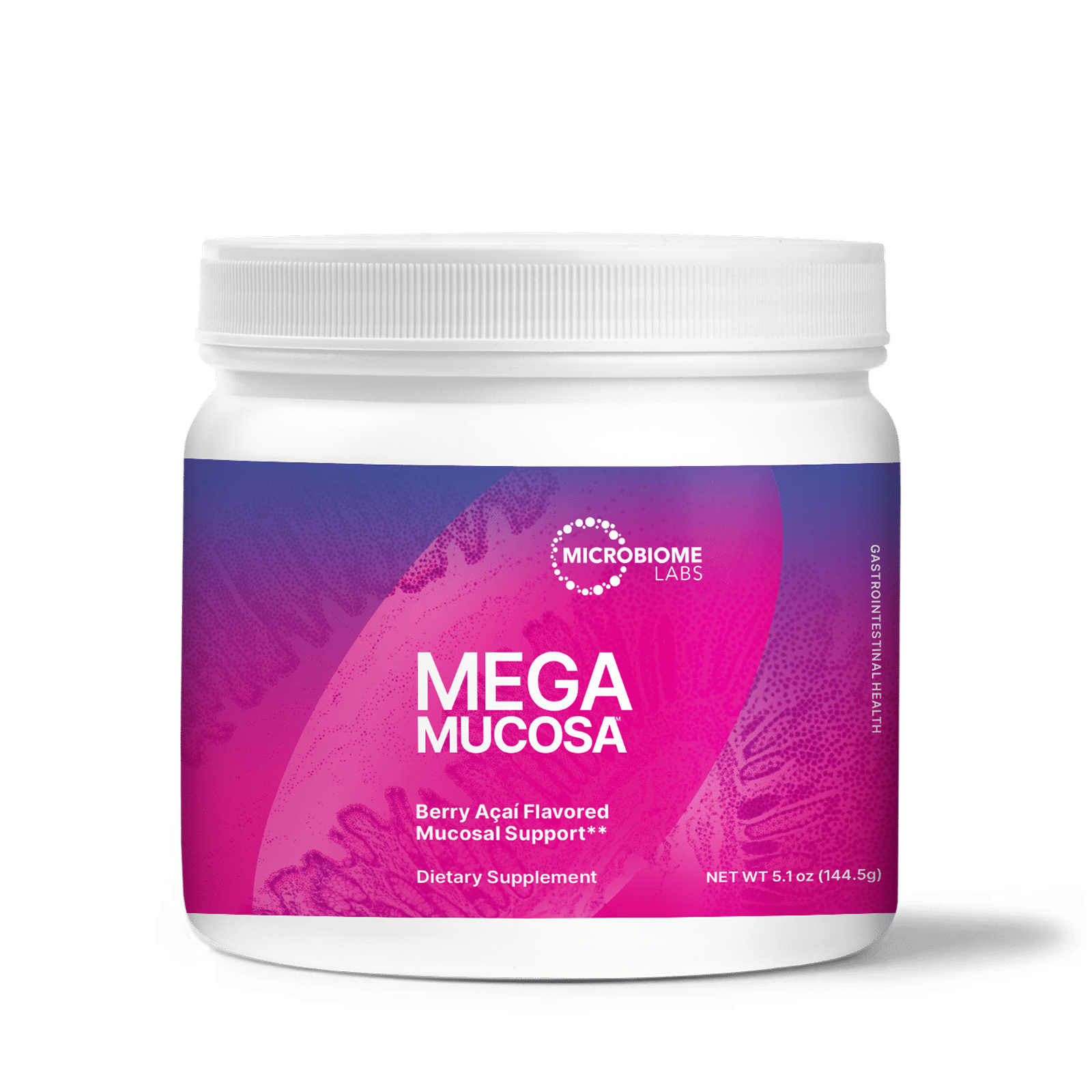 A white plastic jar of Microbiome Labs Mega Mucosa dietary supplement, featuring a vibrant magenta and purple label with white text, set against a clean white background.