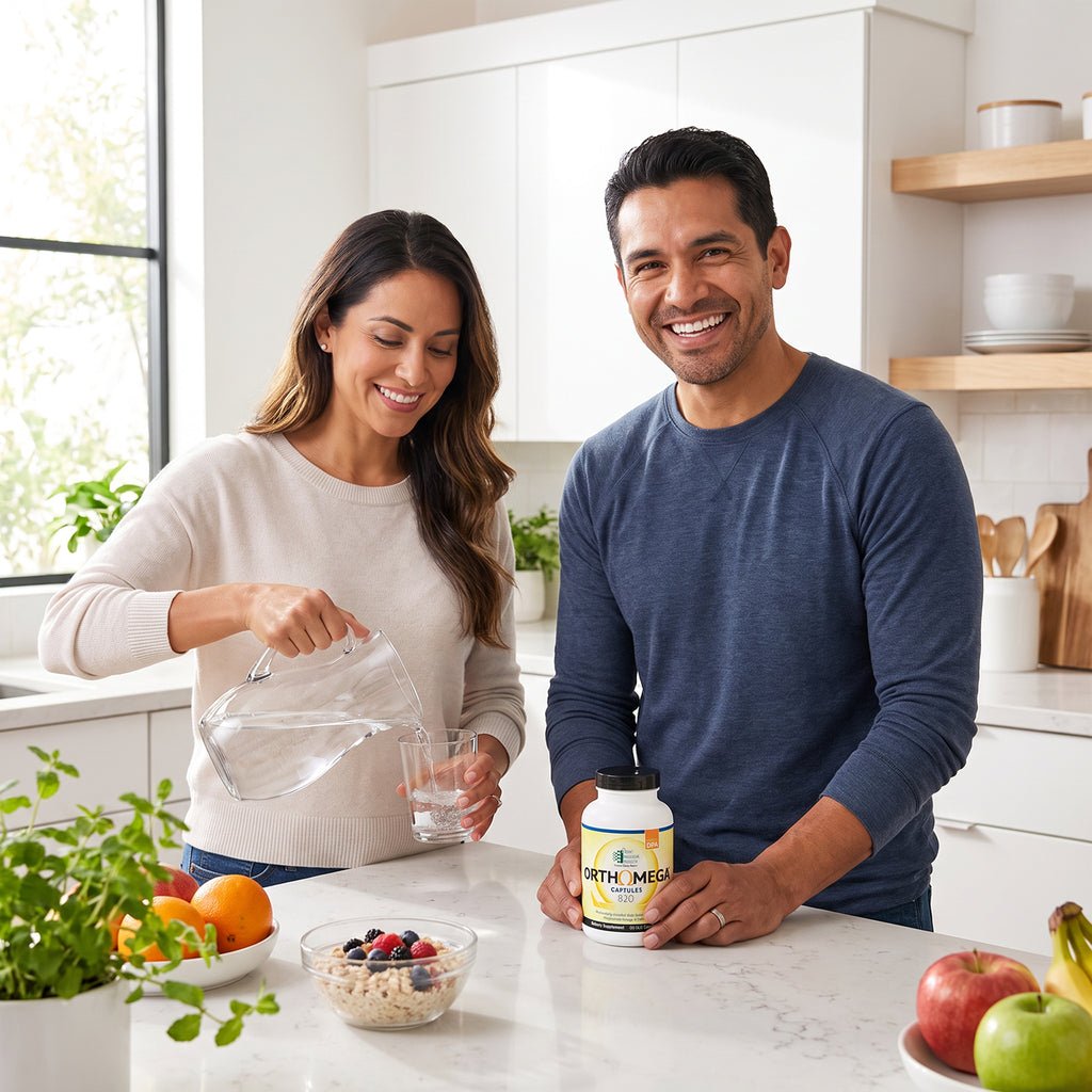 A smiling man and woman in a bright, modern kitchen. The woman is pouring water from a glass pitcher into a glass, and the man is holding a jar of Kethi Mega dietary supplement.