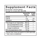 A black and white Supplement Facts label showing nutritional information for a soft gel capsule product, including calories, fat, cholesterol, and omega-3 and omega-6 mg amounts.